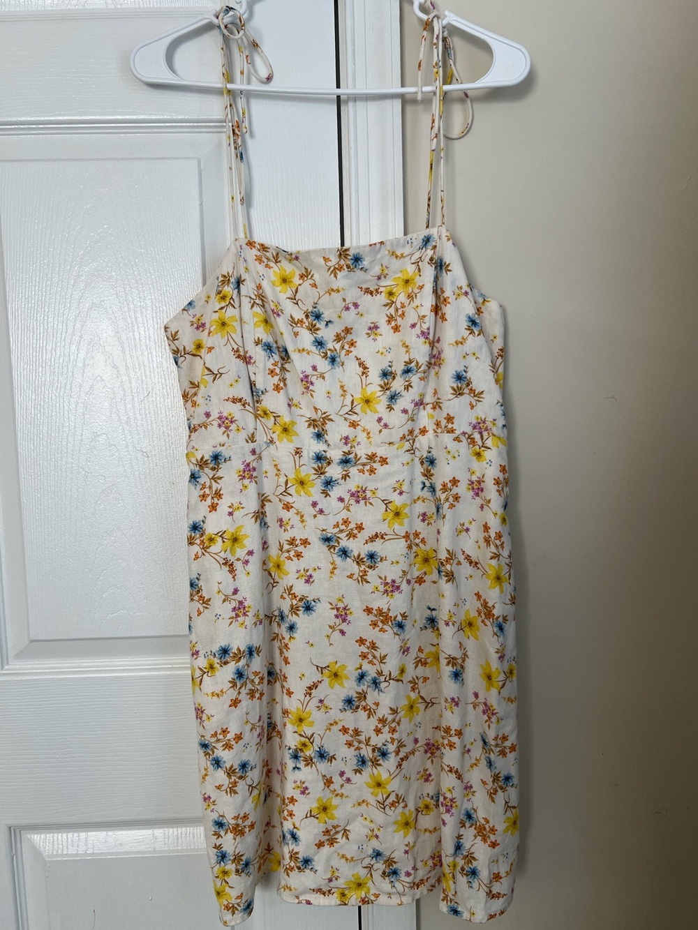 Old Navy White Yellow Multicolor Floral Linen Blend Tie Straps Mini Dress Large